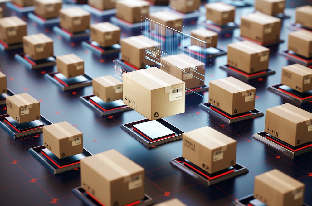 Packages moving through a connected freight sorting system